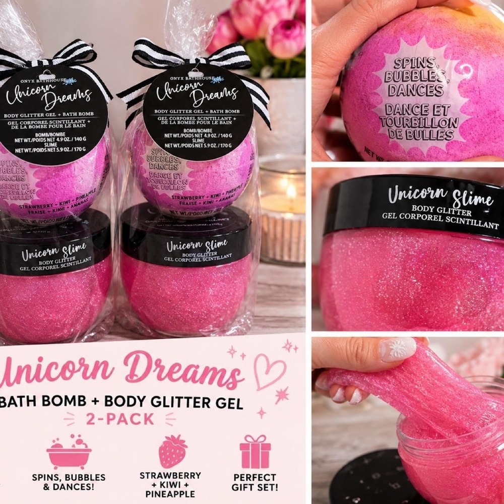 Onyx Bathhouse Unicorn Dreams Bath Bomb + Body Glitter Gel 2-Pack of 2! NEW
